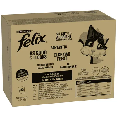 Voordeelpakket Felix "Zo Goed Als Het Eruit Ziet" Gelei 120 x 85 g - Tonijn, Zalm, Kabeljauw en Koolvis(120 x 85 g) Voordeelpakket Felix "Zo Goed Als Het Eruit Ziet" Gelei 120 x 85 g - Tonijn, Zalm, Kabeljauw en Koolvis(120 x 85 g)