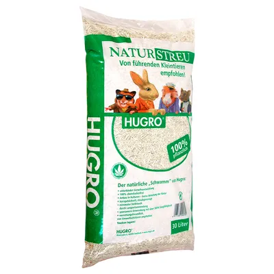HUGRO Naturstreu pieneläinten kuivike, 100 % pflanzlich, 30 litraa. Saksankielistä tuotetietoa ja eläinhahmoja pakkauksessa.