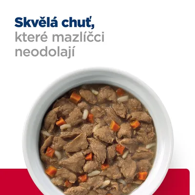 Miska s masovými kousky, mrkví a rýží v omáčce. Text: Skvělá chuť, které mazlíčci neodolají.