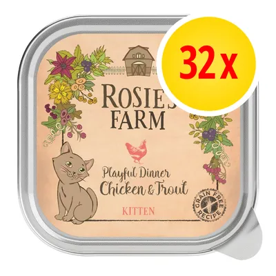 Rosie's Farm Playful Dinner Chicken & Trout Kitten, confezione da 32. Testo visibile: Grain Free Recipe.