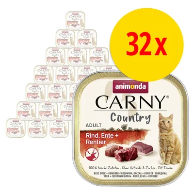 Lot de 32 barquettes Animonda Carny Country Adult, Rind, Ente + Rentier. Texte visible : 100 % frische Zutaten, Ohne Getreide & Zucker, Mit Taurin. Image d’un chat et morceaux de viande.