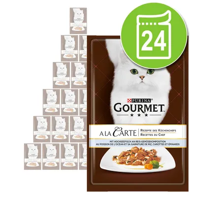 Purina Gourmet A la Carte kattenvoer, verpakking met afbeelding van witte kat en gerecht, bundel van 24 stuks zichtbaar op de afbeelding.