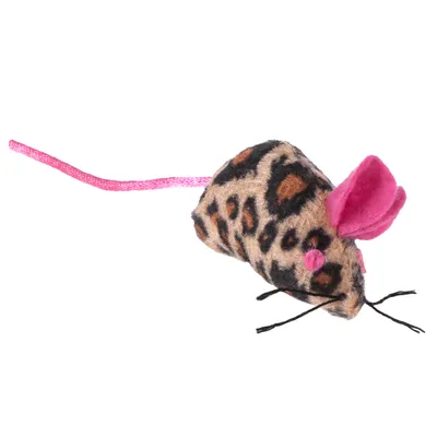 Spielzeugmaus mit Leopardenmuster, rosa Ohren und Schwanz aus Stoff.