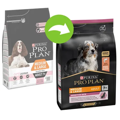 Ambalaje Purina Pro Plan Medium & Large Sensitive Skin Adult 7+; vechea și noua variantă, cu imagini de câini și text vizibil: High Protein, No1 Ingredient Salmon, fără coloranți adăugați. Ambalaje Purina Pro Plan Medium & Large Sensitive Skin Adult 7+; vechea și noua variantă, cu imagini de câini și text vizibil: High Protein, No1 Ingredient Salmon, fără coloranți adăugați.