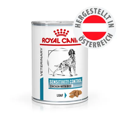 ROYAL CANIN Sensitivity Control Chicken with Rice Loaf, hergestellt in Österreich. Dose mit Hundebild und Produktbezeichnung.