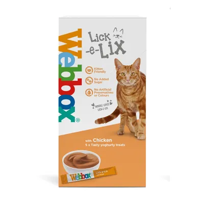 Webbox Lick-e-Lix with chicken, 5 tasty yoghurty treats. Kitten friendly, no added sugar, no artificial preservatives or colours. Webbox Lick-e-Lix with chicken, 5 tasty yoghurty treats. Kitten friendly, no added sugar, no artificial preservatives or colours.