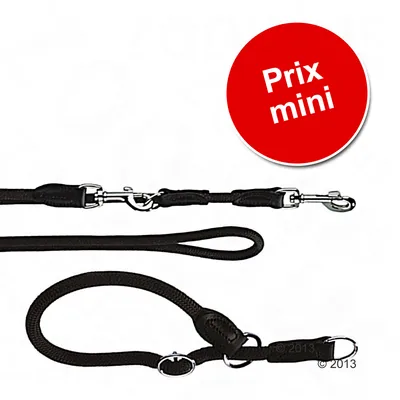 Laisse noire en corde avec mousquetons métalliques et anneaux, texte visible : Prix mini sur pastille rouge.