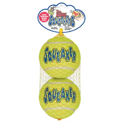 Lot de 2 balles de tennis jaunes KONG Squeakers, texte visible : 'Large Squeaker Tennis Balls', 'Pour les races petites seulement', 'SQUEAKER' sur chaque balle.