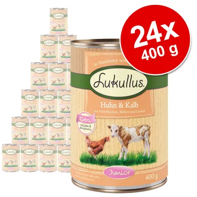 Lukullus Huhn & Kalb Junior, 24×400 g konzerv. Viditelné texty: Extra calcium & phosphorus, mit Haferflocken, Möhre und Leinöl, 400 g.