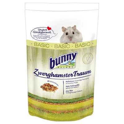 Bunny Nature ZwerghamsterTraum Basic. 42 összetevő, kiváló állati fehérjeellátás, ideális részecskeméret, gyümölcs nélkül a cukorbetegség megelőzésére.
