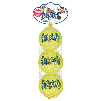 KONG Squeakers, lot de 3 balles de tennis jaunes pour chiens, texte visible : Medium Squeaker Tennis Balls, Pour les races petites seulement, SQUEAK ME!