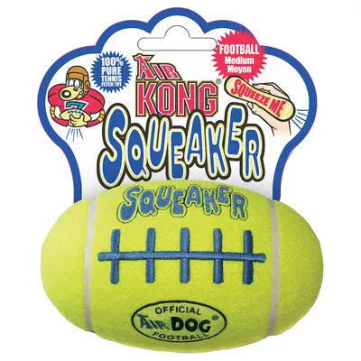 Air Kong Squeaker football, medium. 100% pure tennis fetch toy. Squeeze me. SQUEAKER og OFFICIAL AirDog FOOTBALL står på bolden.