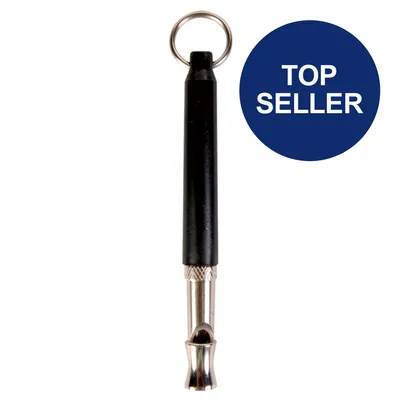 Hundepfeife aus Metall mit schwarzem Griff und Schlüsselring. Blauer Kreis mit Text 'Top Seller'.