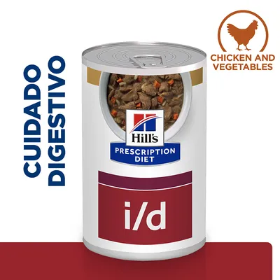 Lata de Hill's Prescription Diet i/d, visível texto 'CUIDADO DIGESTIVO' e 'CHICKEN AND VEGETABLES'. Comida húmida com pedaços visíveis de carne e legumes.