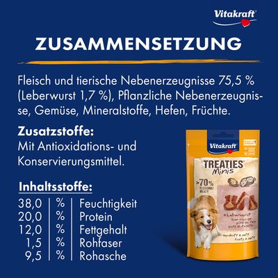 Vitakraft Treaties Minis mit über 70% Fleischanteil, Leberwurstgeschmack. Made in Germany. Herzhafte und weiche Hundesnacks.