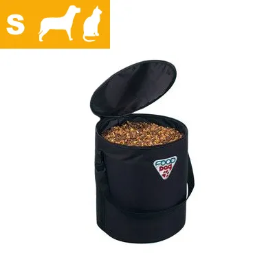 Black container with open lid showing dry pet food inside, labelled 'food dog'. Yellow icon above shows small dog and cat silhouettes.