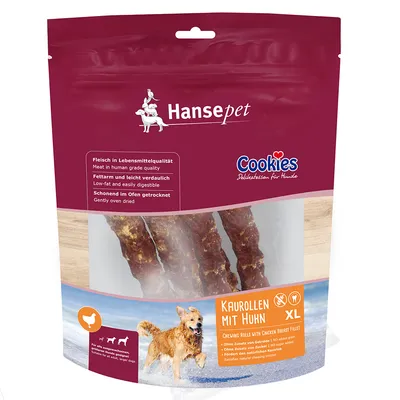 Hansepet Cookies Kaurollen mit Huhn XL, rotoli da masticare con filetto di pollo per cani, visibili nella confezione. Testo in tedesco e inglese su qualità, digeribilità e assenza zuccheri.