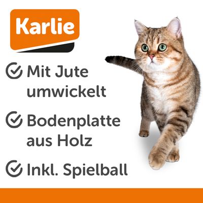 Spielzeugkugel aus Sisal auf schwarzem Sockel, mit braunen Federn und einem geflochtenen Ball als Anhänger.