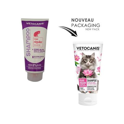 Vetocanis shampoo pour chats, fleur de lotus, usage fréquent, protecteur de la peau, 0 % parabènes et silicones.