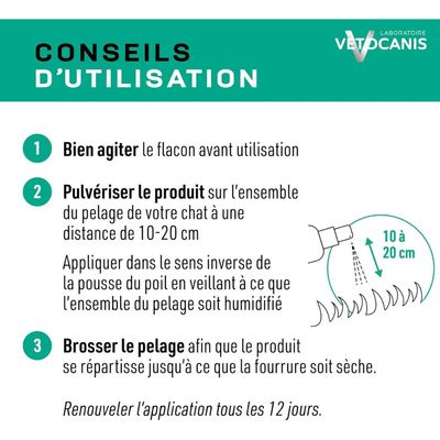 Vetocanis Spray antiparasitaire, formulé sous contrôle vétérinaire. Protection contre tiques, puces et moustiques pendant 12 jours. Contenance : 250 ml, fabriqué en France.