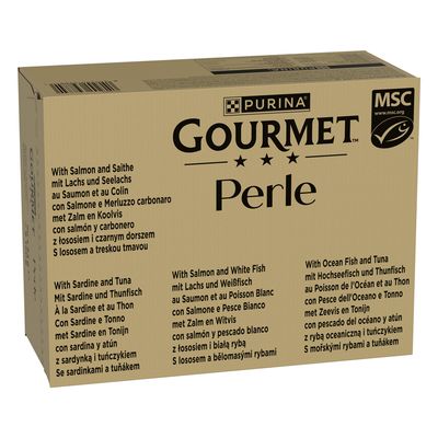 Gourmet Perle, boîte de 96 x 85 g, variétés au saumon, poisson blanc, sardine, thon, colin, poissons de l’océan. Poids net total : 8160 g. Marquage vert « 96 » visible.