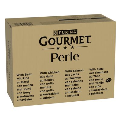 Gourmet Perle, boîte de 96 x 85 g, variétés au saumon, poisson blanc, sardine, thon, colin, poissons de l’océan. Poids net total : 8160 g. Marquage vert « 96 » visible.
