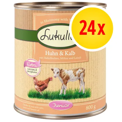 Lukullus Huhn & Kalb, Junior, 800 g. Extra calcium & phosphorus. 24x balení. Text v němčině: mit Haferflocken, Möhre und Leinöl.