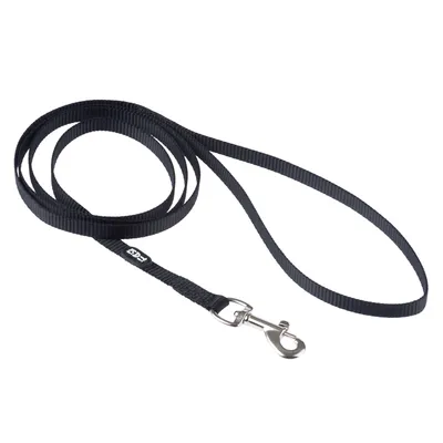 Guinzaglio nero per cani in nylon con moschettone in metallo, adatto per passeggiate e addestramento.