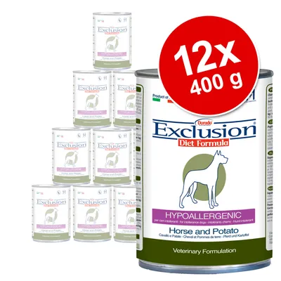 12 dåser á 400 g Exclusion Diet Formula Hypoallergenic Horse and Potato vådfoder til hund, tekst: Veterinary Formulation, billede af hund på dåsen.