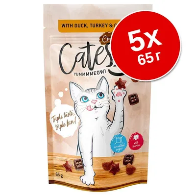 Опаковка Catisfactions с патешко, пуешко и пилешко, 5×65 г. Видим текст: Triple taste, triple fun!, no added sugar, with taurine, YUMMMMEOW! Опаковка Catisfactions с патешко, пуешко и пилешко, 5×65 г. Видим текст: Triple taste, triple fun!, no added sugar, with taurine, YUMMMMEOW!