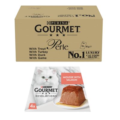 Gourmet Perle Wet Cat Food + 12 x 57g Gourmet Wet Cat Food Free! * - Country Medley in Jelly (96 x 85g) +  Salmon Revelations Mousse (12 x 57g)