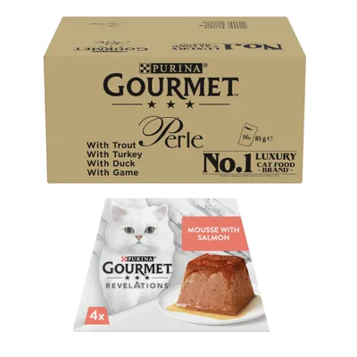 Gourmet Perle Wet Cat Food + 12 x 57g Gourmet Wet Cat Food Free! * - Country Medley in Jelly (96 x 85g) +  Salmon Revelations Mousse (12 x 57g)