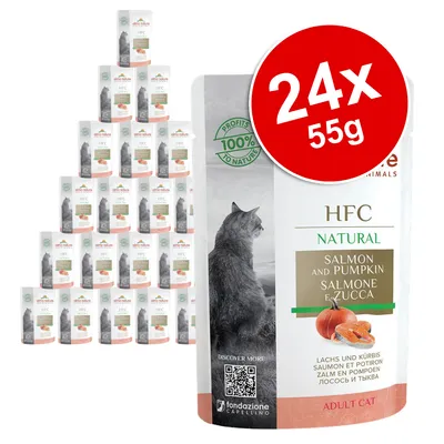 Pack of 24 pouches, each 55g, HFC Natural Salmon and Pumpkin for adult cats. Label shows salmon and pumpkin ingredients. 100% profits to nature is indicated on the packaging. Pack of 24 pouches, each 55g, HFC Natural Salmon and Pumpkin for adult cats. Label shows salmon and pumpkin ingredients. 100% profits to nature is indicated on the packaging.