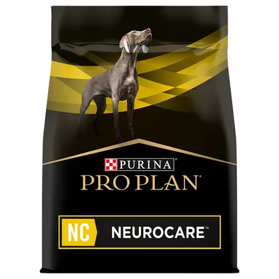 Purina Pro Plan Neurocare Hundefutter, schwarze Verpackung mit gelben Akzenten und Bild eines Hundes.