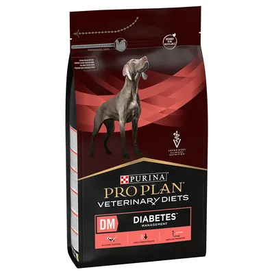 Purina Pro Plan Veterinary Diets DM Diabetes Management. Glucose Control, Low Carbohydrate, Amylase Inhibitor. Designed to be recyclable.