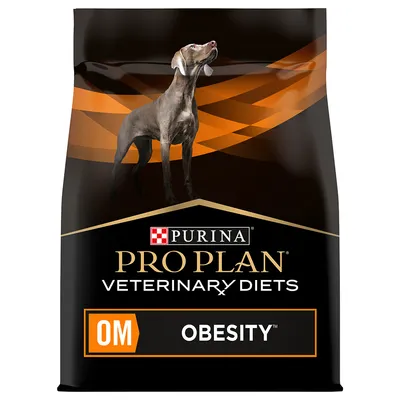 Purina Pro Plan Veterinary Diets OM Obesity. Packaging with image of a dog and orange accents.