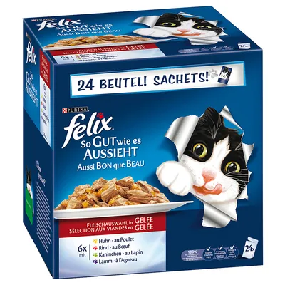 Purina Felix So Gut wie es aussieht seleção de carnes em gelatina, 24 saquetas. Variedades: frango, vaca, coelho, borrego. Texto em alemão e francês visível na embalagem.