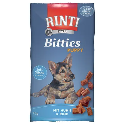 Rinti Extra Bitties Puppy, bløde stænger med Omega 3, 75g, med kylling og oksekød. Til hvalpetræning.