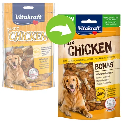 Συσκευασίες Vitakraft pure CHICKEN BONAS, 100% κοτόπουλο, χωρίς δημητριακά και πρόσθετα. Ετικέτα TOP MARKE. Ενδείξεις για λιγότερο πλαστικό στη νέα συσκευασία, ίδια ποσότητα προϊόντος.