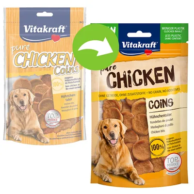 Vitakraft pure CHICKEN Coins hundgodis, två förpackningar med synlig text: 100 % magert hönskött, utan spannmål eller tillsatser, TOP MARKE-märke. Förpackningsändring visas.