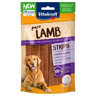 Vitakraft pure Lamb Strips, fâșii de carne de miel fără cereale și aditivi, 100% miel în conținutul de carne. Ambalaj reciclabil cu mai puțin plastic. Top Marke 2021.