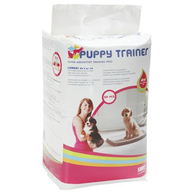 PUPPY TRAINER superimukykyiset harjoitusalustat, koko large 60 x 45 cm, pakkauksessa näkyy koira alustalla ja SAVIC-brändi. Teksti: kuivuu 30 sekunnissa, neutraloi hajut.