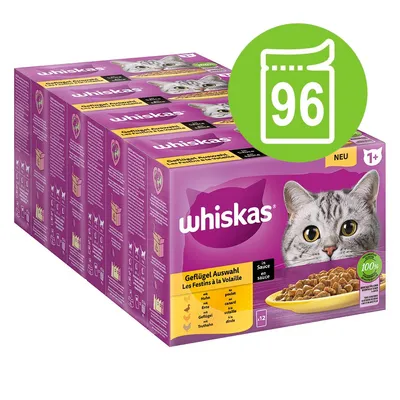Whiskas Fågelurval i sås, 96 portionspåsar för katter från 1 år. 100 % balanserade ingredienser. Smaker: kyckling, anka, kalkon.