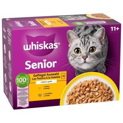 Whiskas selezione di pollame in gelatina, con pollo e tacchino, per gatti da 11 anni. Confezione da 12 buste, alimentazione 100% equilibrata.