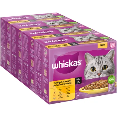 Whiskas Fjerkræsudvalg i sauce, 12 portionsposer til katte fra 7 år. Varianter: kylling, and, fjerkræ, kalkun. 100% afbalanceret ernæring. Ny.
