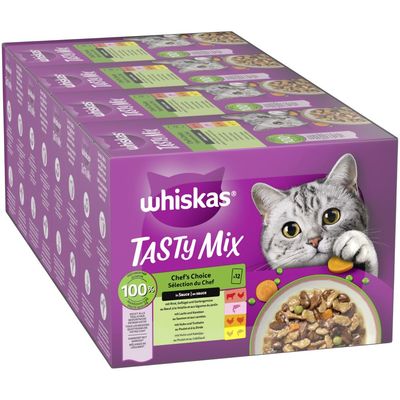 whiskas Tasty Mix Chef's Choice, 100 % uravnotežene sestavine, izbor v omaki z govedino, zelenjavo, lososom, piščancem in polenovko. Embalaža s slikami posameznih vrst.