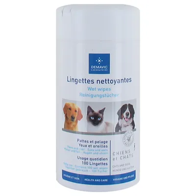 Demavic Lingettes nettoyantes puhdistusliinat koirille ja kissoille, 100 kpl. Käyttö: tassut, turkki, silmät ja korvat. Pakkaus näyttää koiran ja kissan kuvat. Demavic Lingettes nettoyantes puhdistusliinat koirille ja kissoille, 100 kpl. Käyttö: tassut, turkki, silmät ja korvat. Pakkaus näyttää koiran ja kissan kuvat.