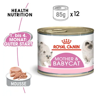 ROYAL CANIN Mother & Babycat, 12x85g, mousse. Tekst na njemačkom: 1. bis 4. Monat: Guter Start. Slika mačića i odrasle mačke, Health Nutrition.