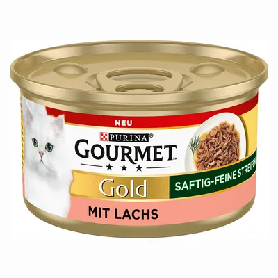 Purina Gourmet Gold, strisce morbide e delicate con salmone. Nuova ricetta in una lattina dorata.