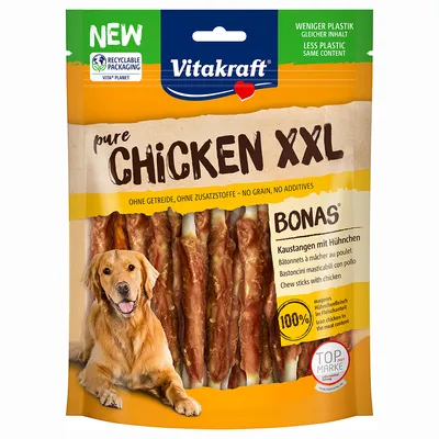 Vitakraft pure Chicken XXL žvýkací tyčinky s kuřetem, bez obilovin, bez přísad. Méně plastu, stejný obsah. 100% libové kuřecí maso. Top značka 2021.